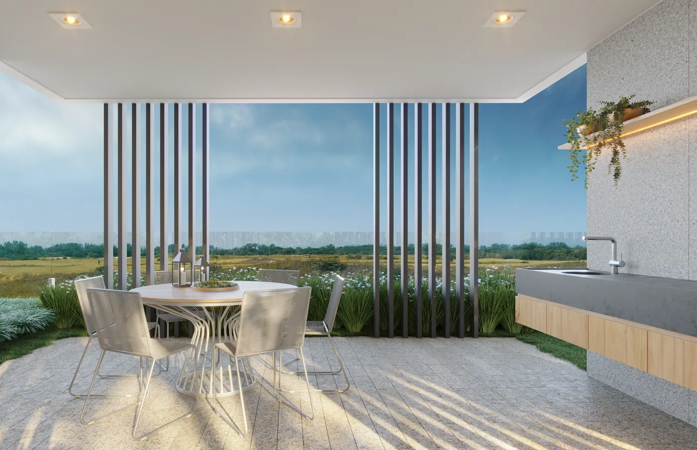 Lounge com mesa e vista aberta para o campo de golfe
