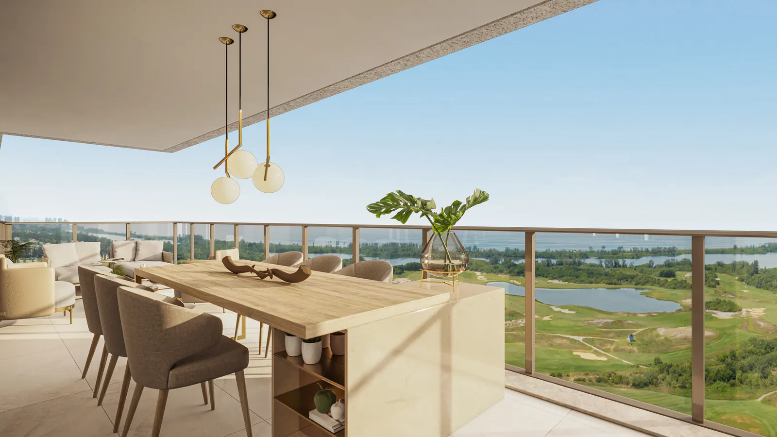 Perspectiva da varanda com mesa de jantar e o campo de golfe ao fundo