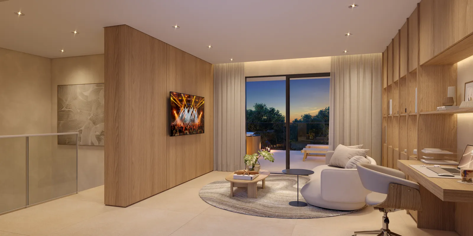 Sala multiuso com sofá, lareira e porta de vidro para o terraço
