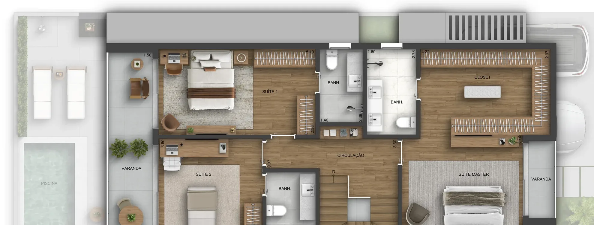 Planta do pavimento íntimo de uma casa do Barra Home Design