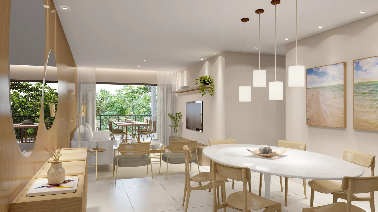 Sala de apartamento de três suítes com varanda ao fundo