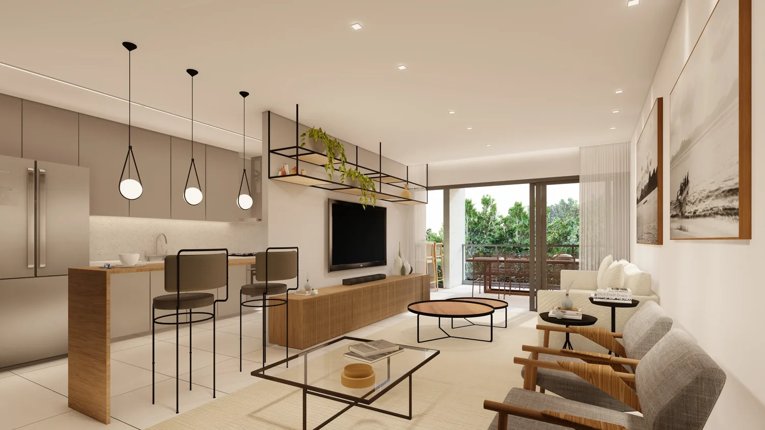 Sala integrada à varanda de um apartamento de três quartos
