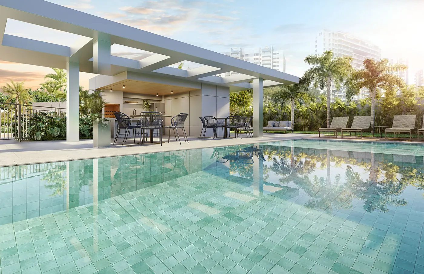Perspectiva da pool house com piscina e pergolado