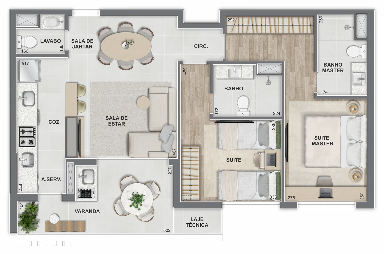 Planta: 2 suítes · 75,68 m²