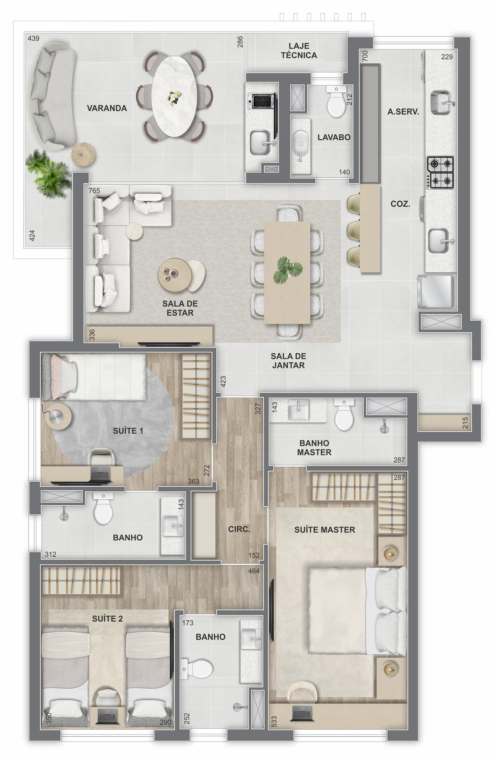 Planta: 3 suítes · 114,64 m²