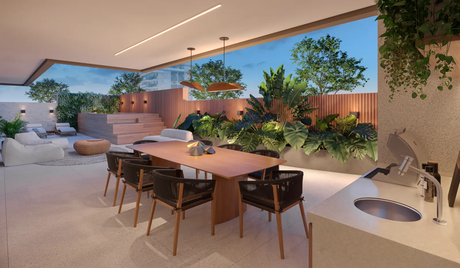 Garden com terraço coberto, mesa e jardim