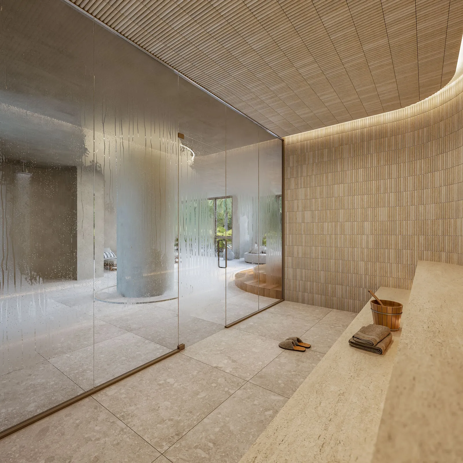 Sauna revestida de madeira com porta de vidro