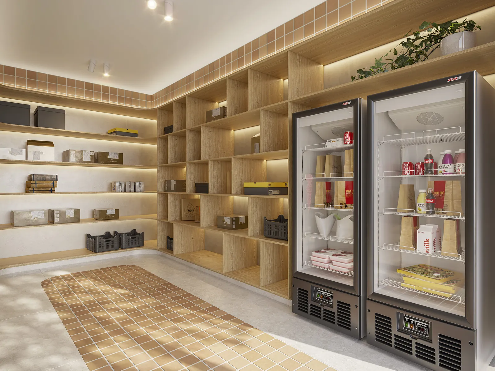 Espaço delivery com geladeira e prateleiras