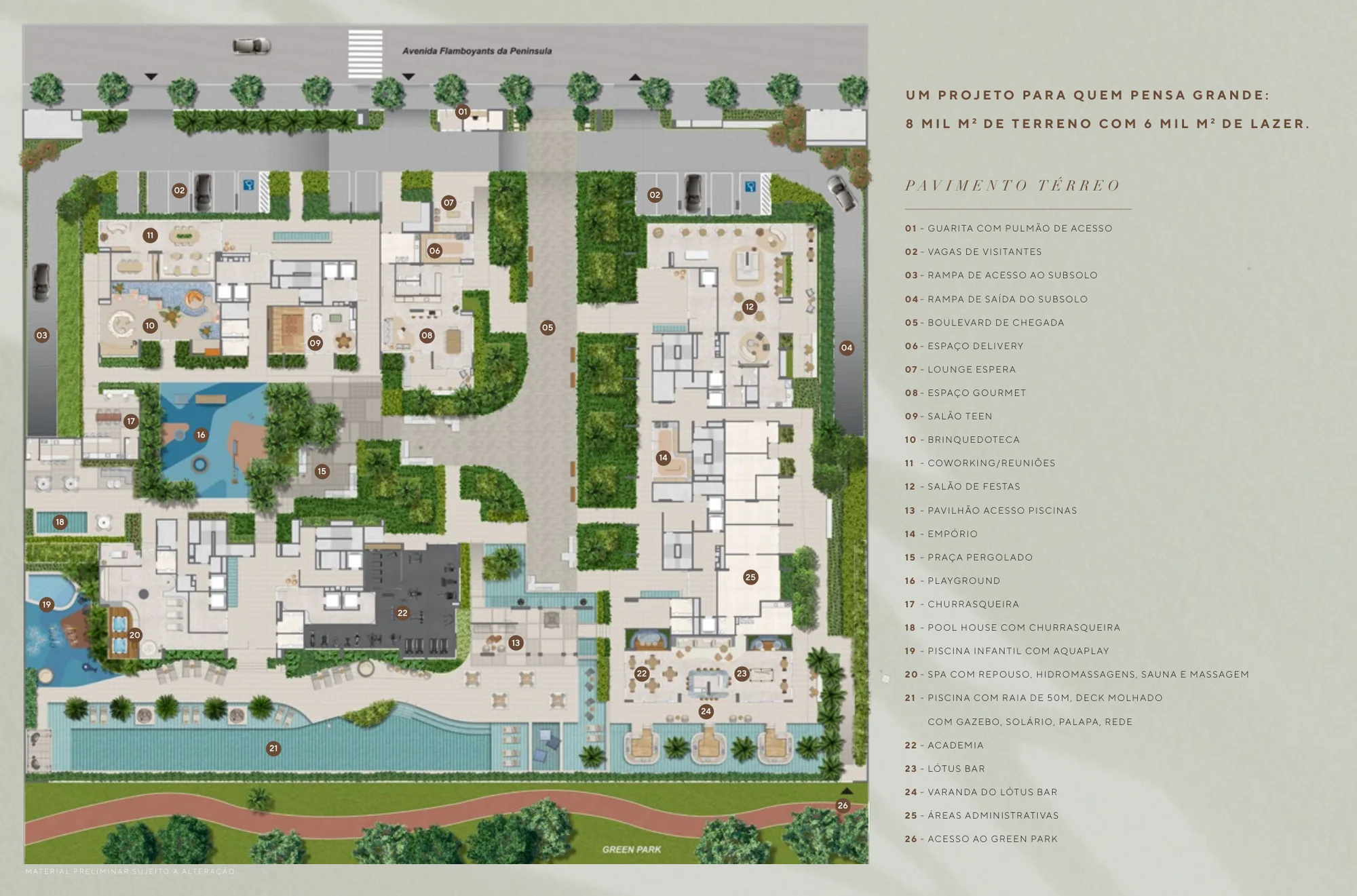 Implantação do térreo: guarita, os três edifícios, as piscinas, o spa, o Lótus Bar e o acesso ao Green Park