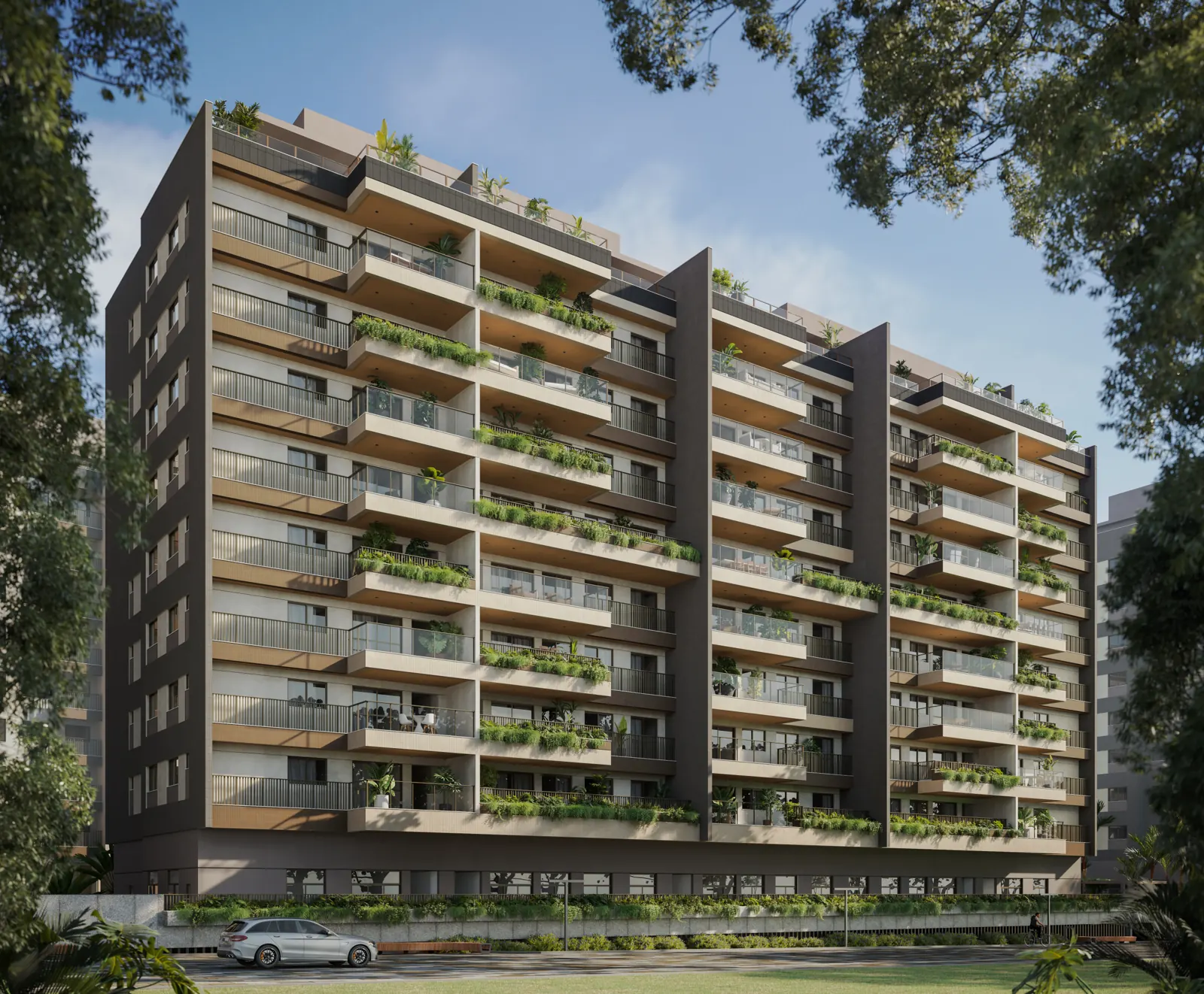Fachada da Torre 2 do Green View, com varandas e jardineiras
