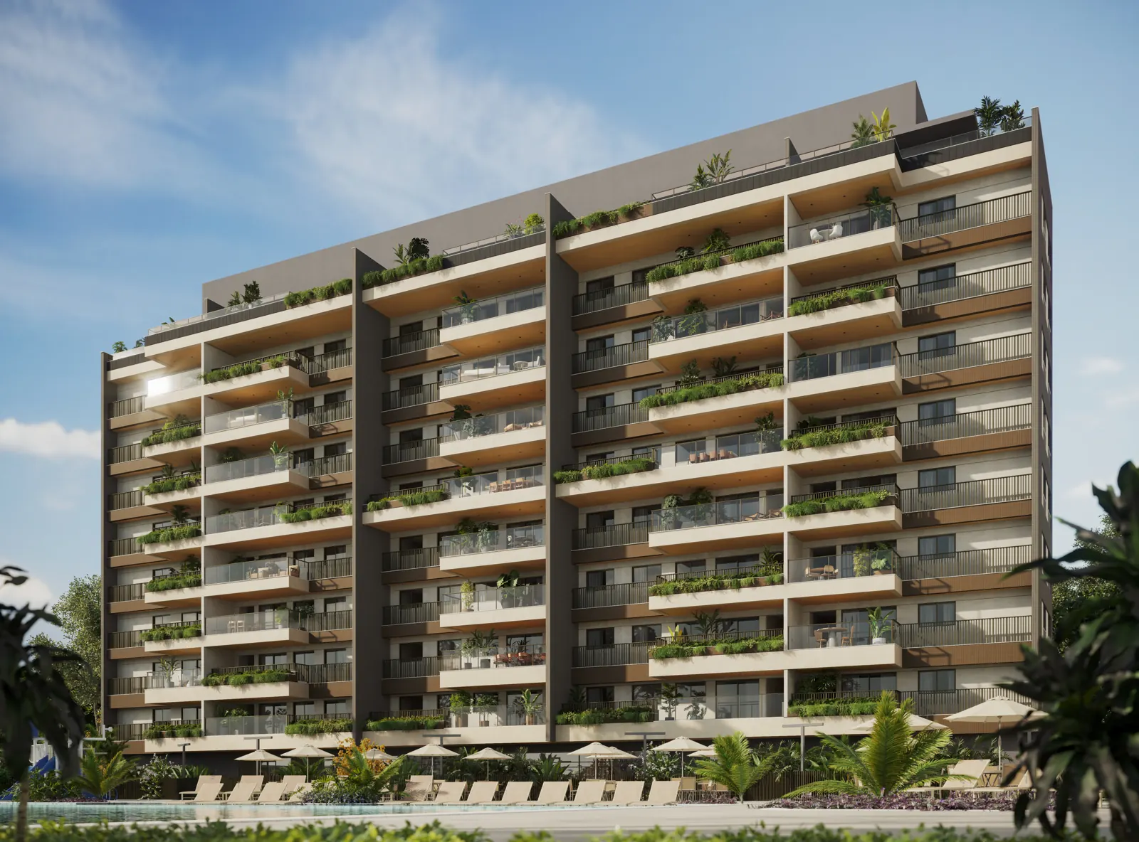 Fachada da Torre 4 do Green View, com varandas amplas e paisagismo