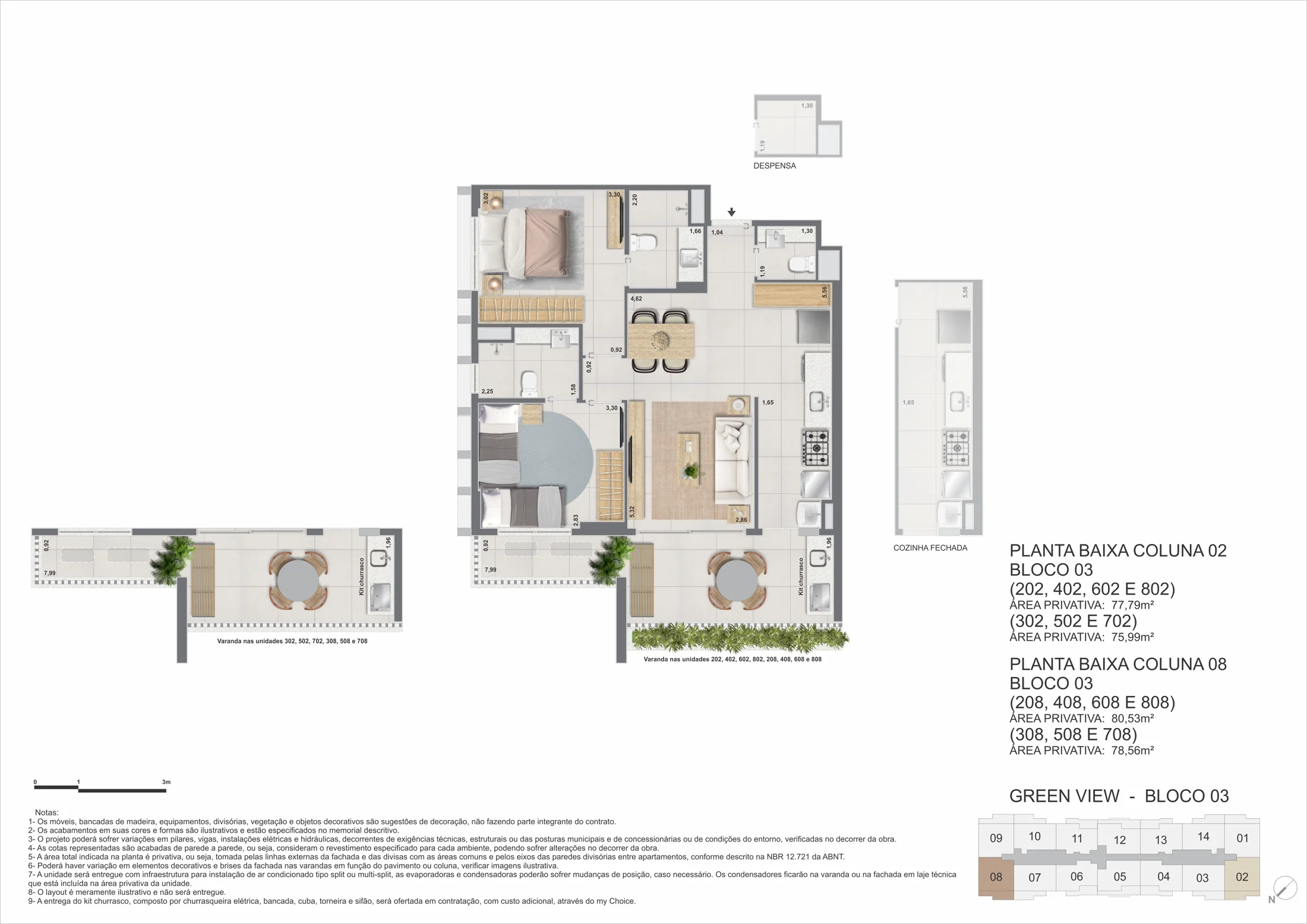 Planta de apartamentos da torres 3 e 5 · 2 quartos