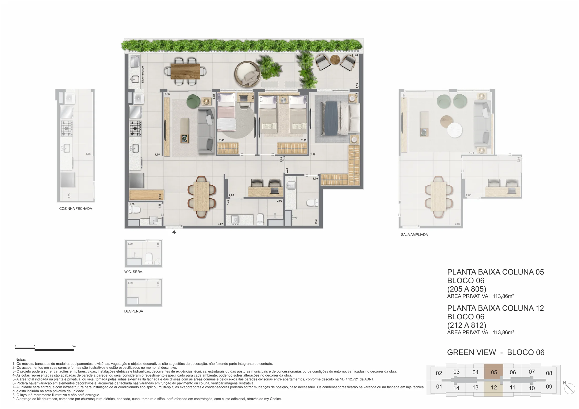 Planta de apartamentos da torre 6 · 3 quartos