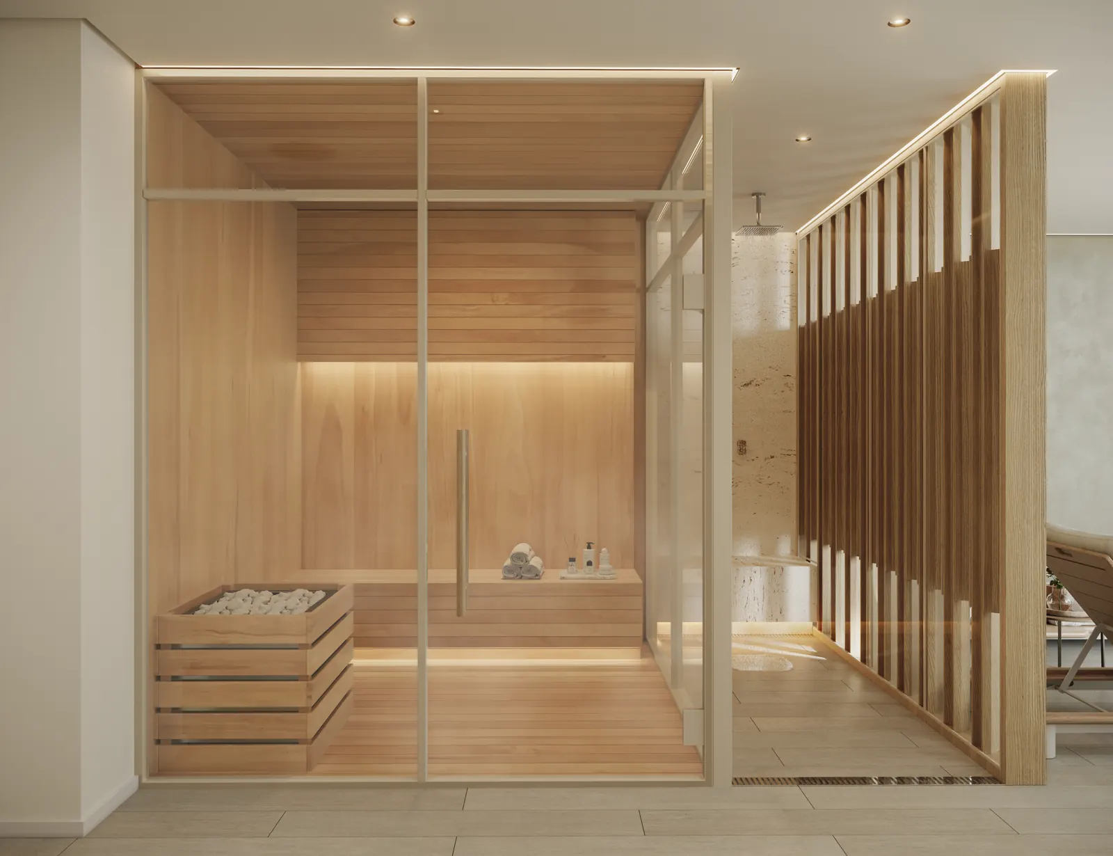 Sauna seca com revestimento em madeira e porta de vidro