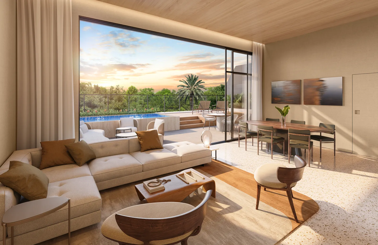 Living da Penthouse com sofá em L e janela de canto aberta para a piscina