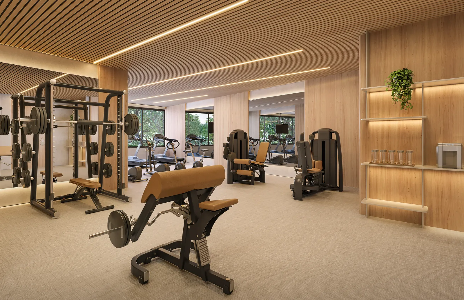Academia com aparelhos de musculação, madeira e luz natural