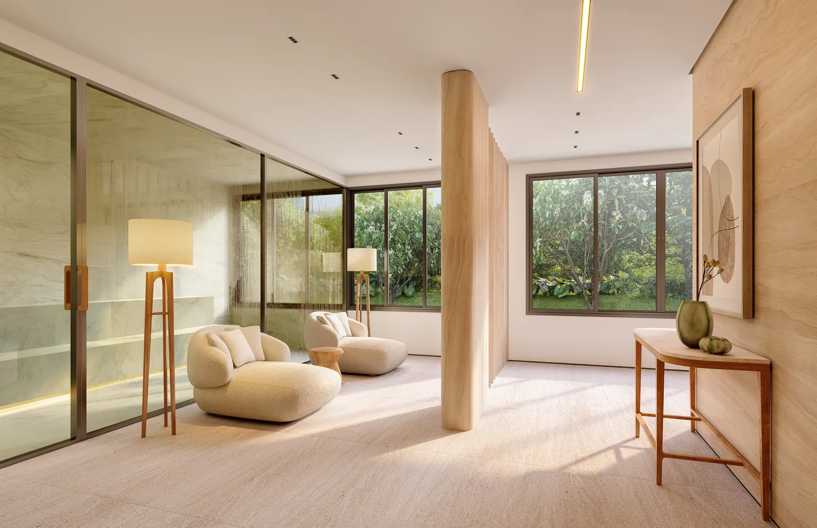 Espaço wellness com poltronas e janelas grandes para o verde
