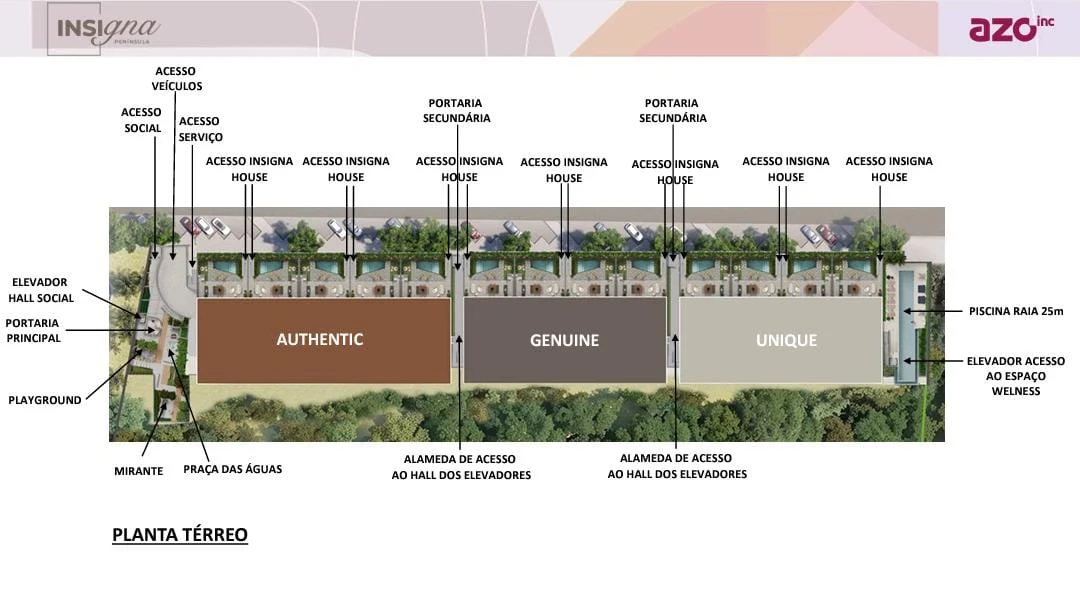 Planta do térreo: as três torres, Authentic, Genuine e Unique, com os acessos e o lazer
