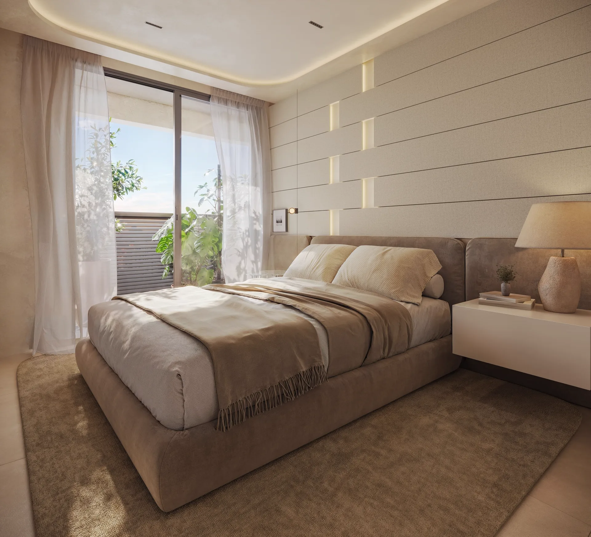 Suíte master do decorado, com cama de casal e luz natural