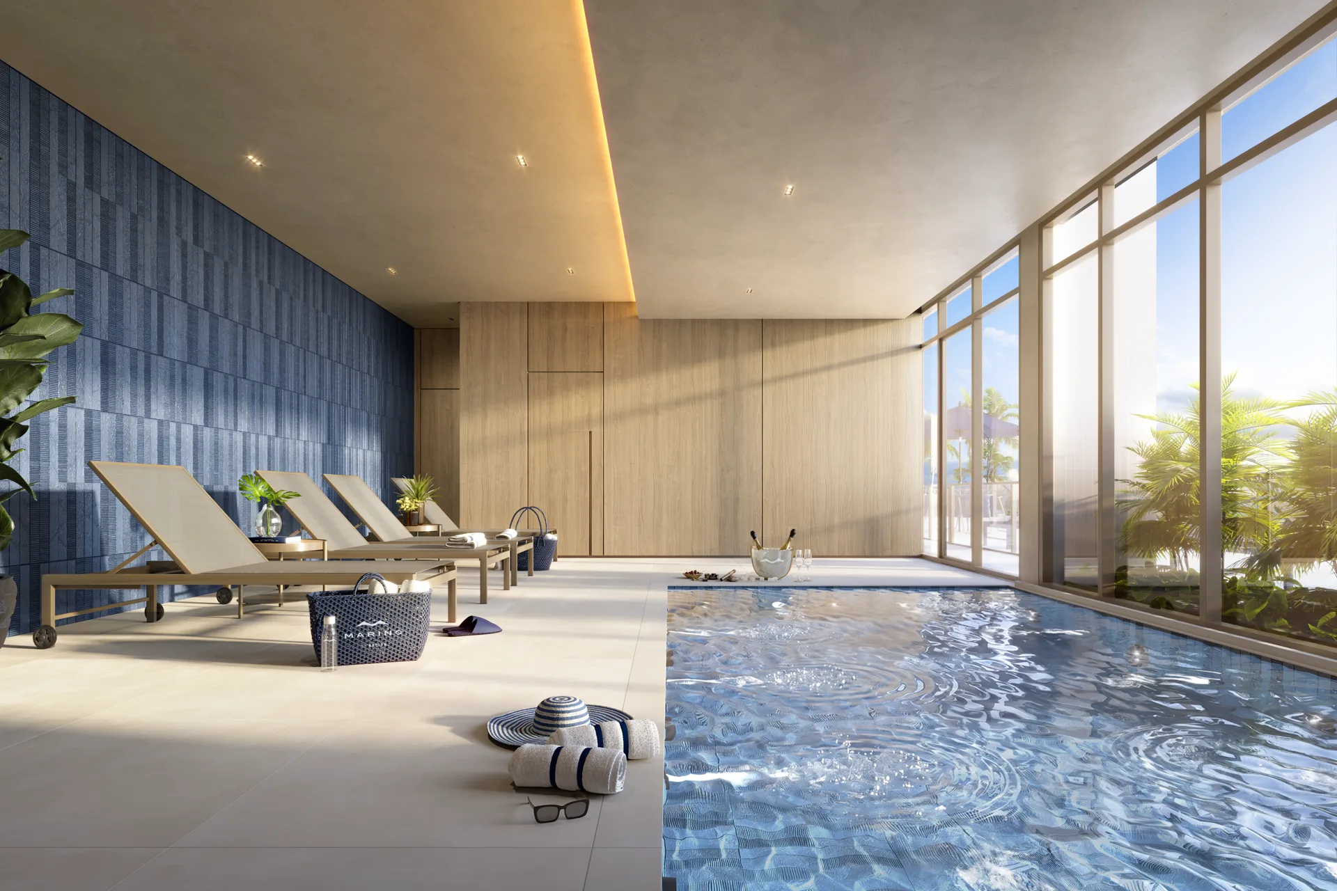 Spa com piscina coberta aquecida e espreguiçadeiras