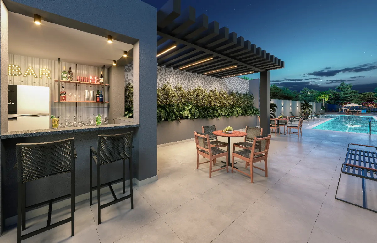 Bar da piscina com pergolado