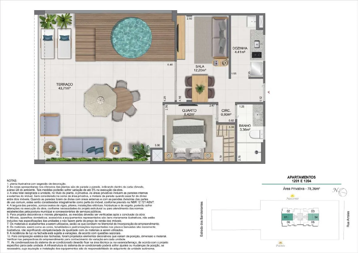 Planta da cobertura linear de 1 quarto — 78,36 m², unidades 1201 e 1204