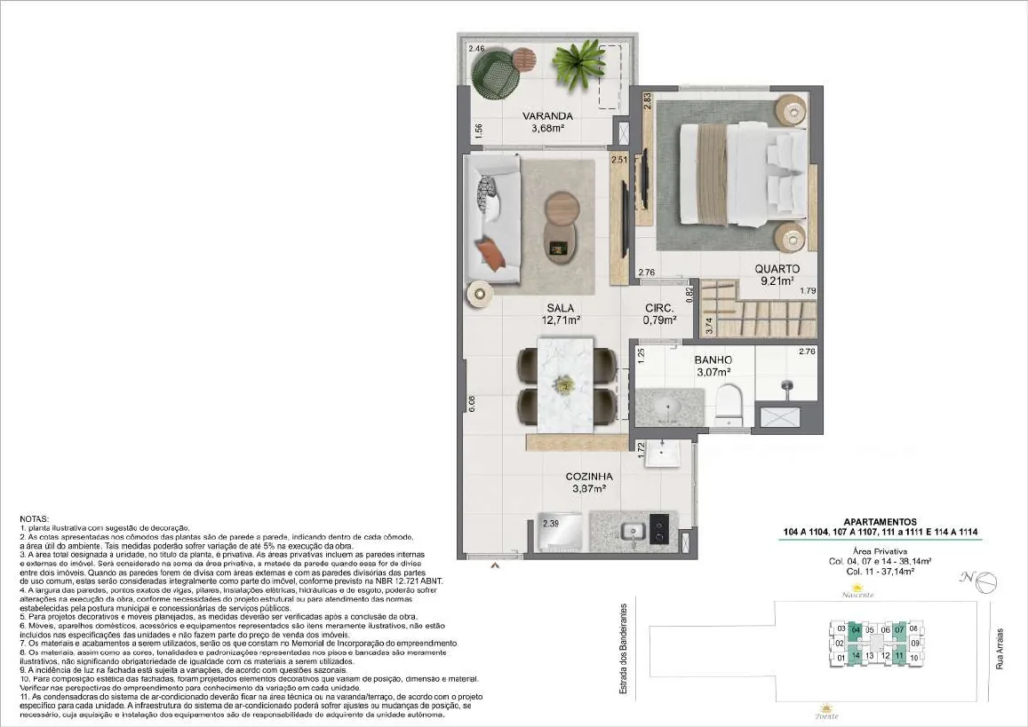 Planta do apartamento tipo de 1 quarto — 38,14 e 37,14 m², colunas 04, 07, 11 e 14