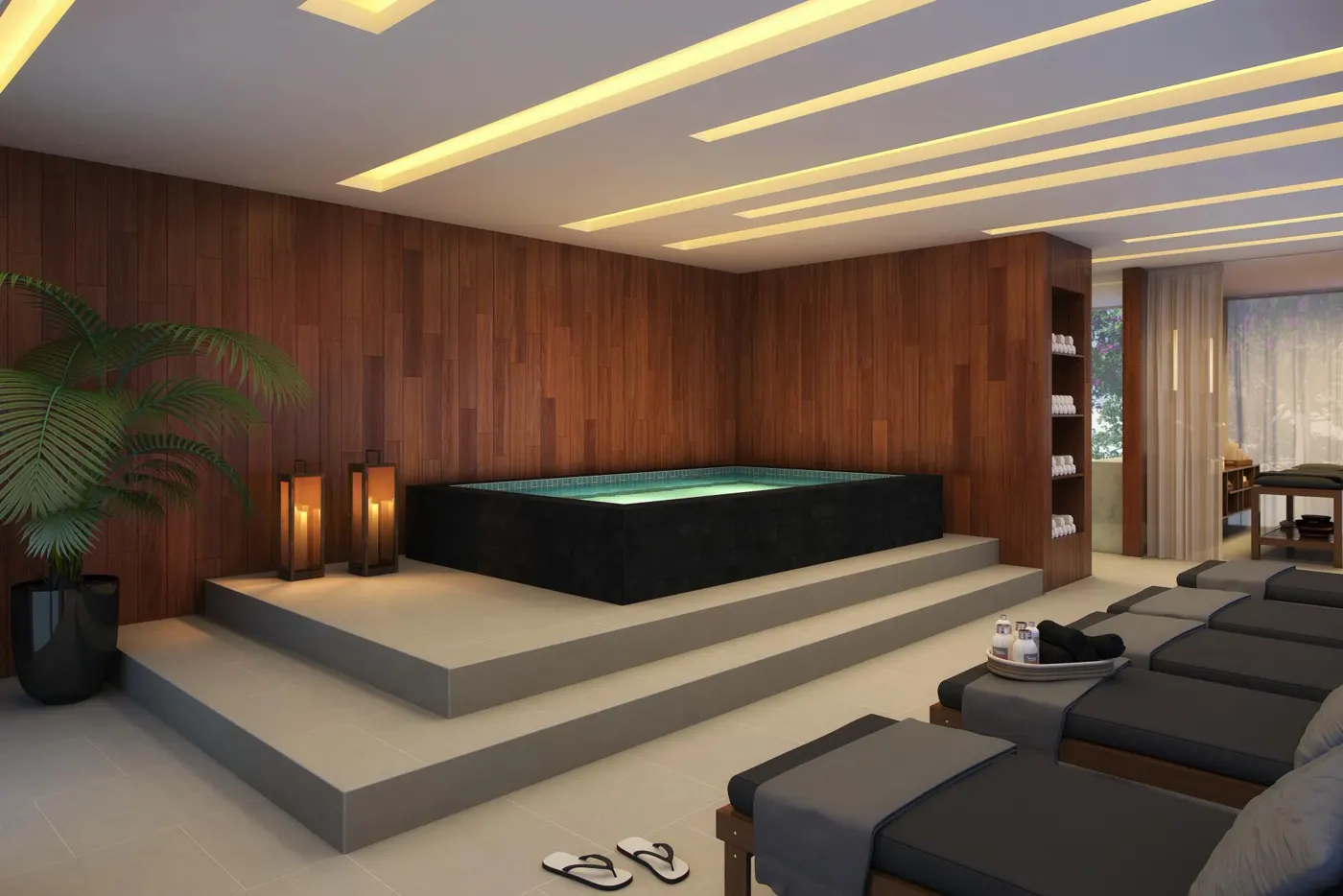 Spa com hidromassagem e iluminação indireta