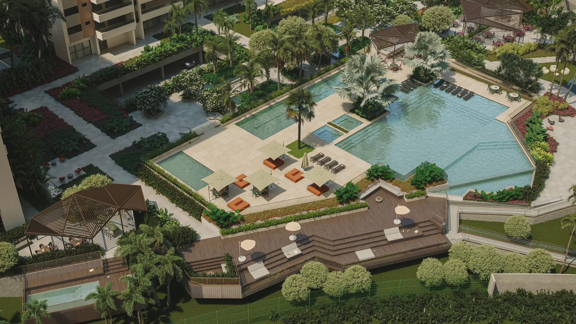 Vista aérea das piscinas, do solário e do deck do Pura por Artefacto