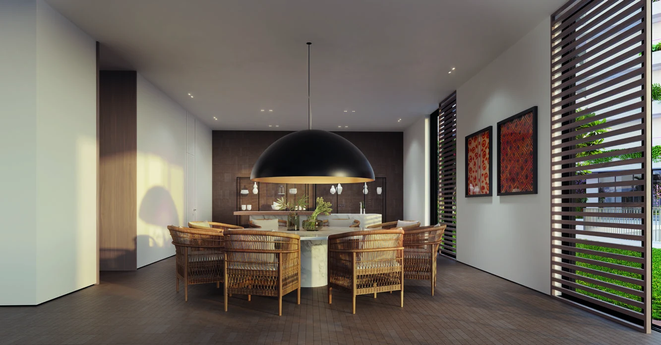 Espaço gourmet com mesa redonda de madeira e luminária pendente