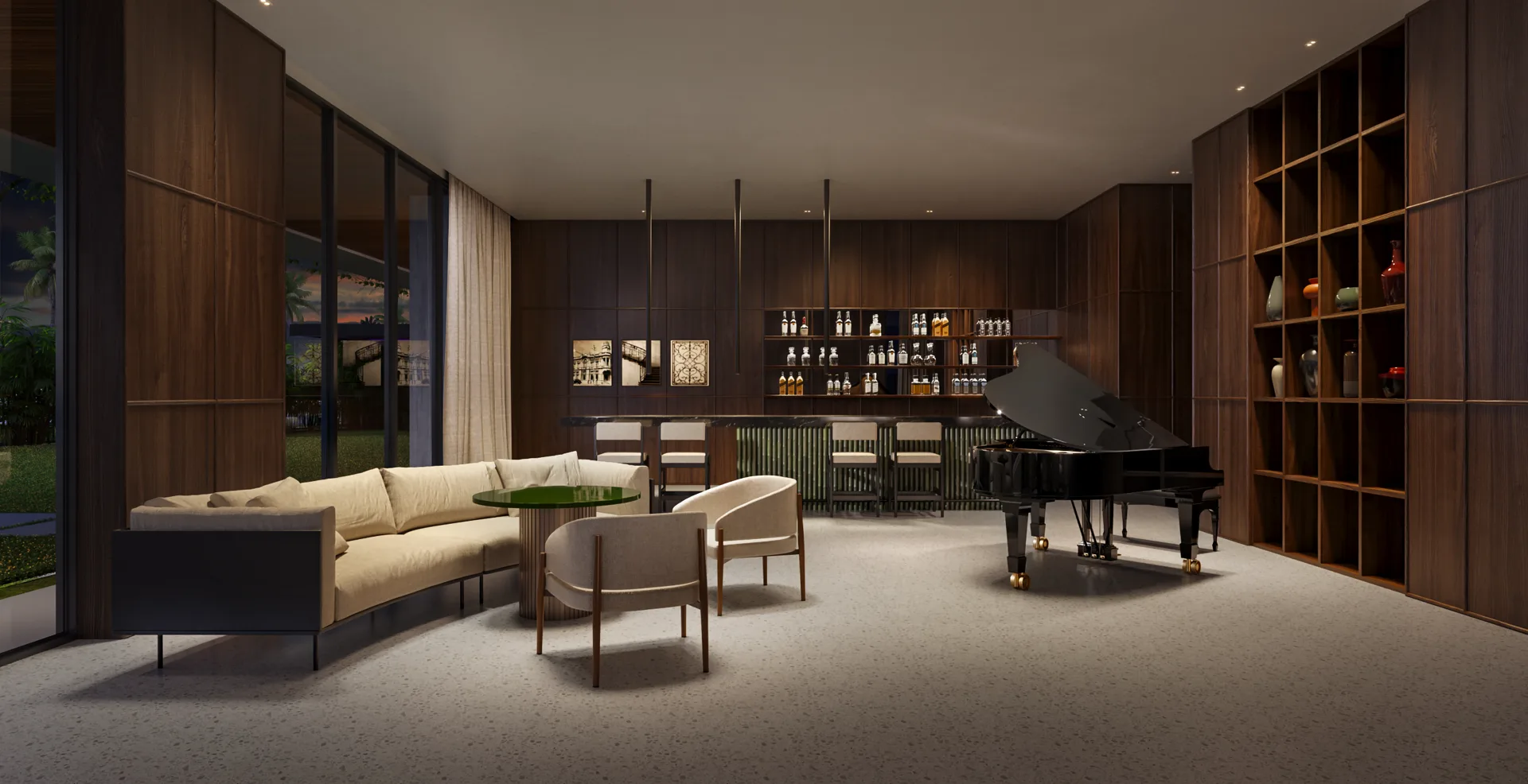 Piano bar da torre Sole, com piano de cauda e estantes de madeira