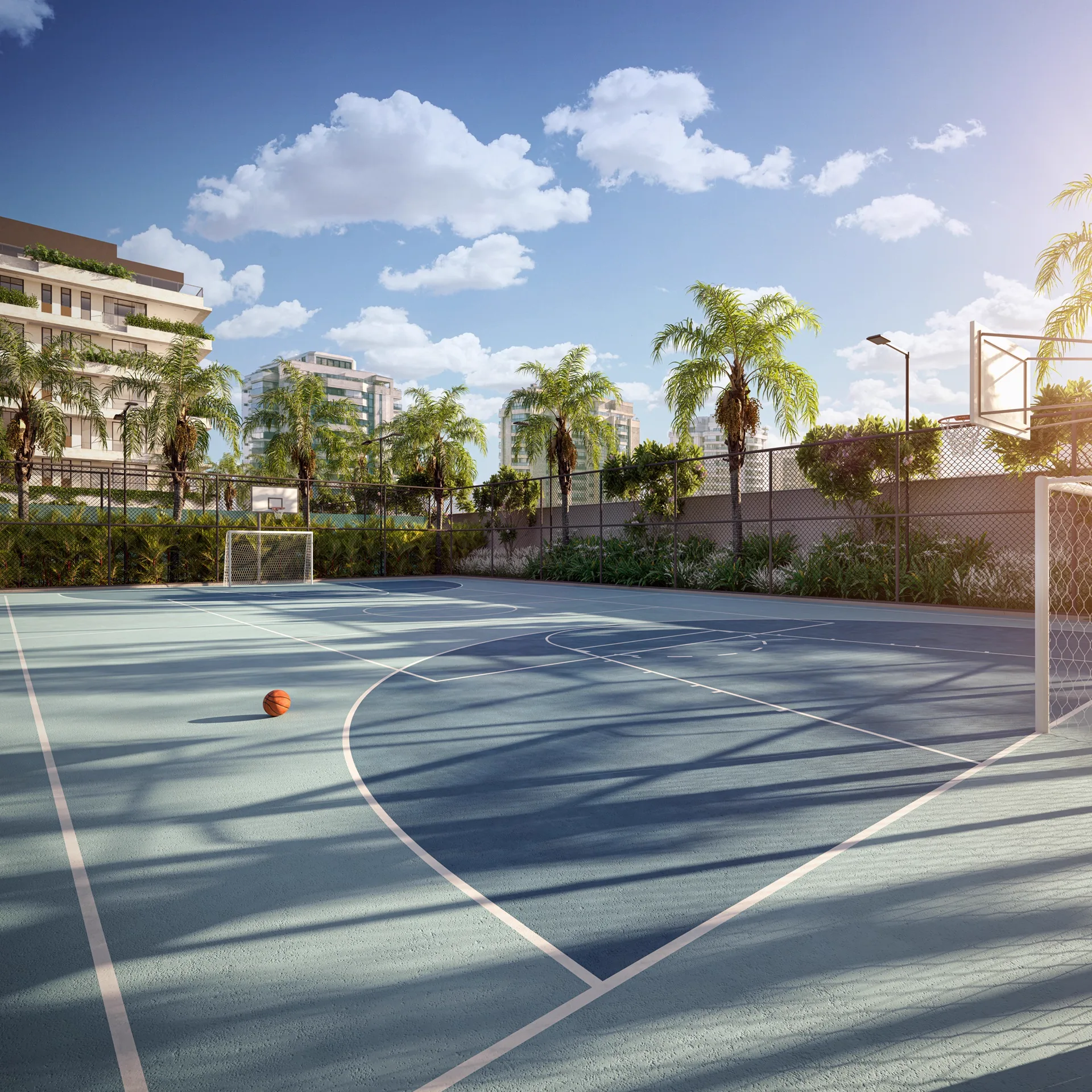 Quadra poliesportiva com tabela de basquete