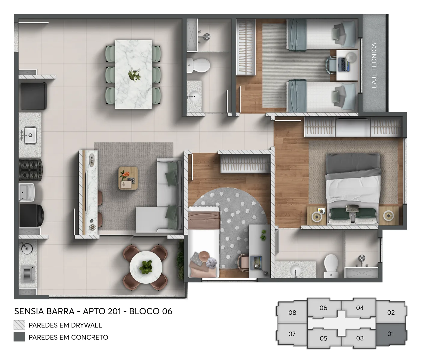 Planta do apartamento de 3 quartos com suíte e varanda