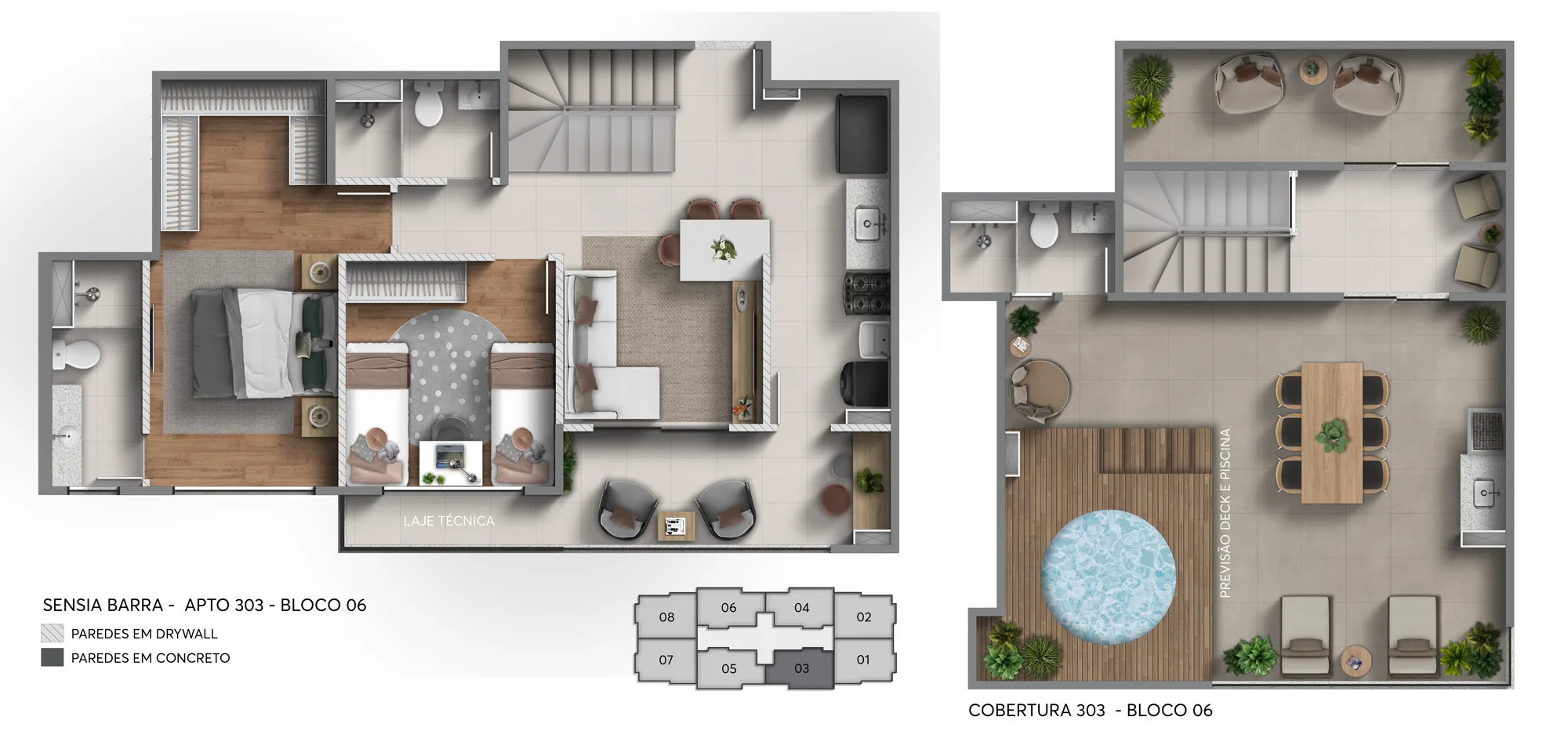 Planta dos dois pavimentos da cobertura duplex de 2 quartos