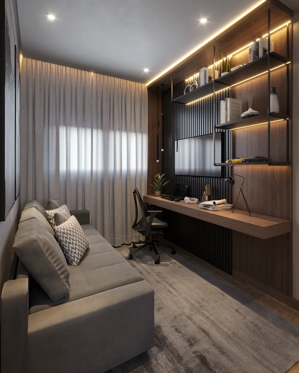 Quarto montado como escritório, com estante e mesa de trabalho