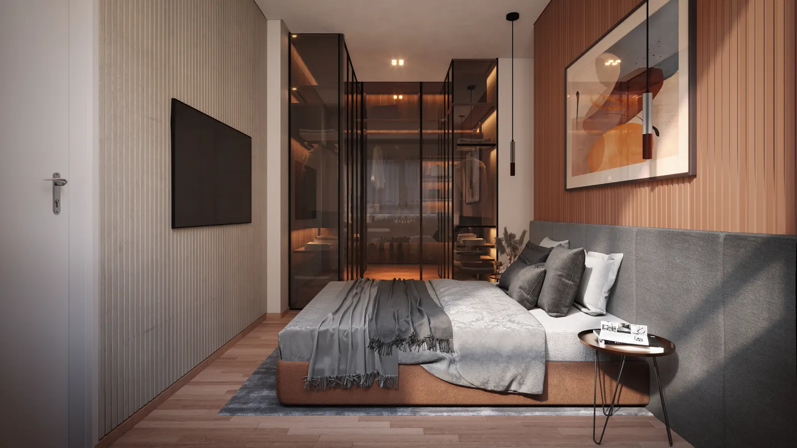 Suíte com cama de casal, painel de madeira e iluminação indireta