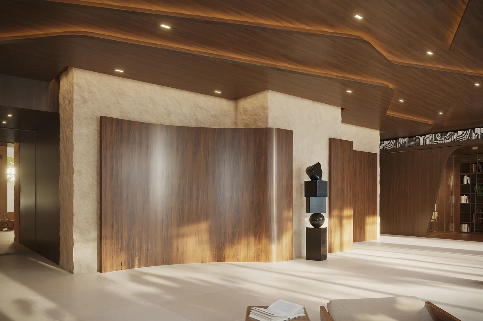 Lobby com paredes de madeira e pedra e uma escultura criada para o espaço