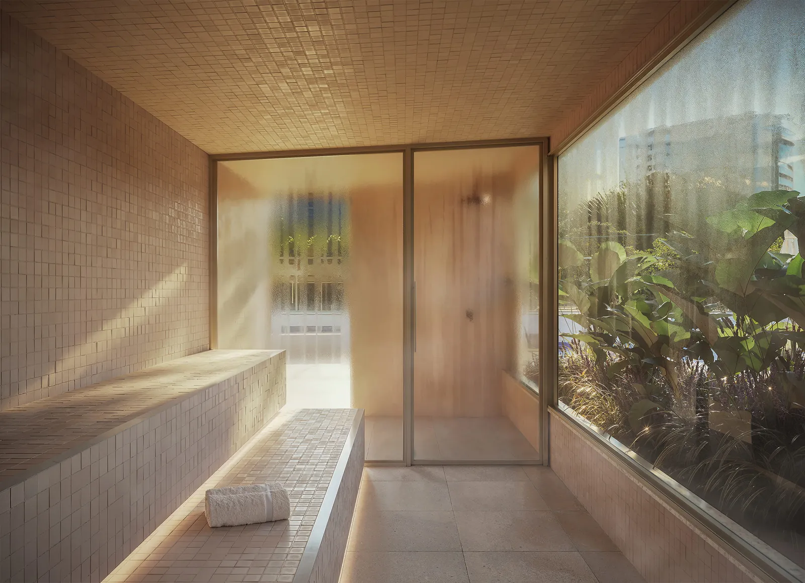 Sauna de madeira com parede de vidro para o jardim