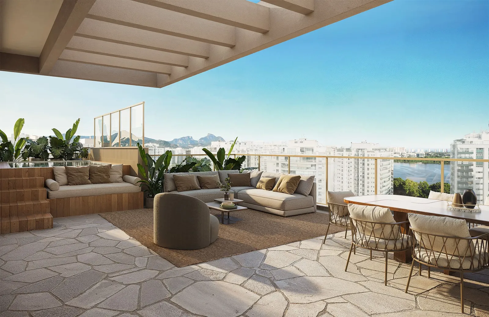 Terraço da cobertura com lounge, mesa de jantar e vista da lagoa