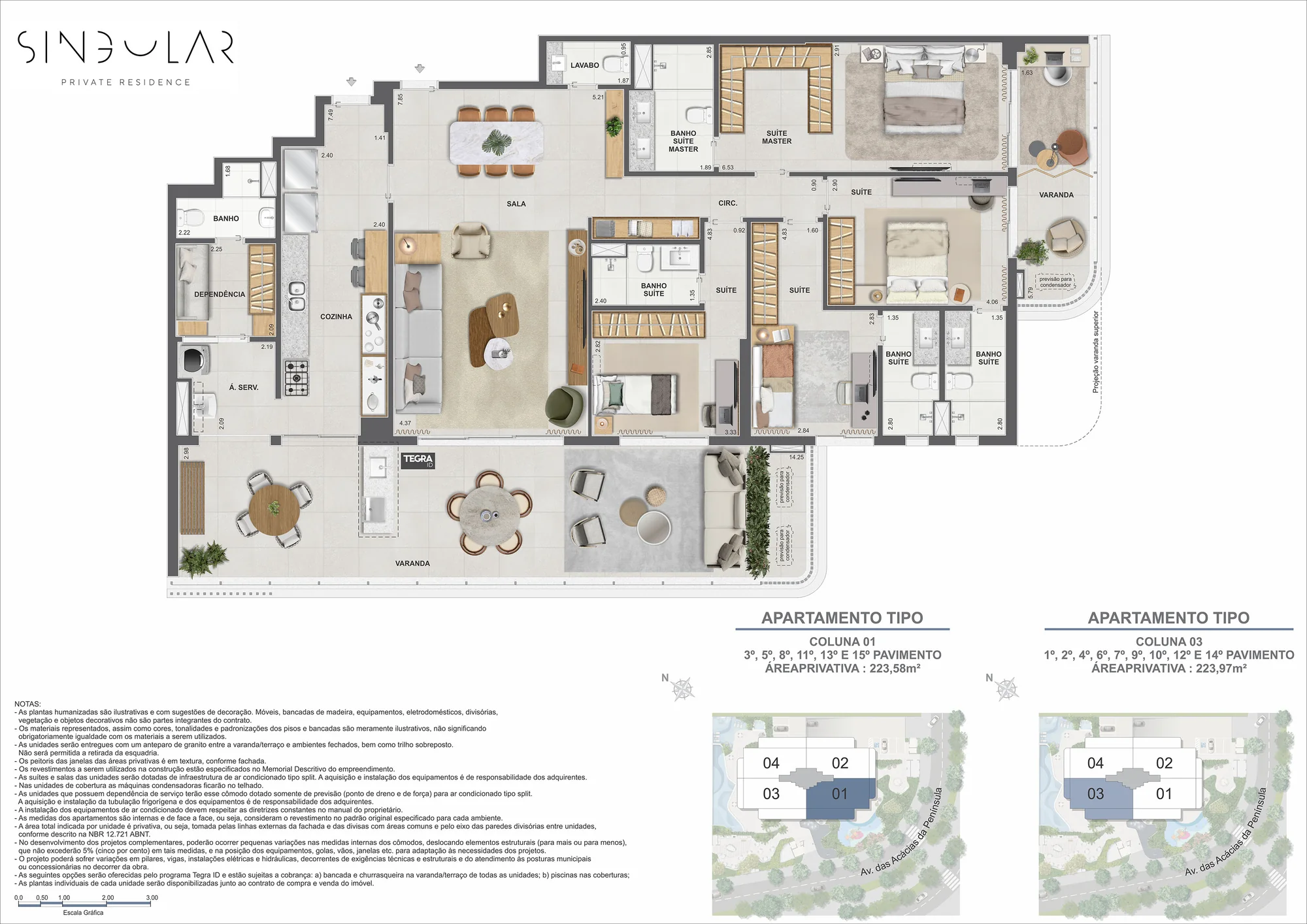 Planta humanizada: 4 suítes · 223 m² do Singular