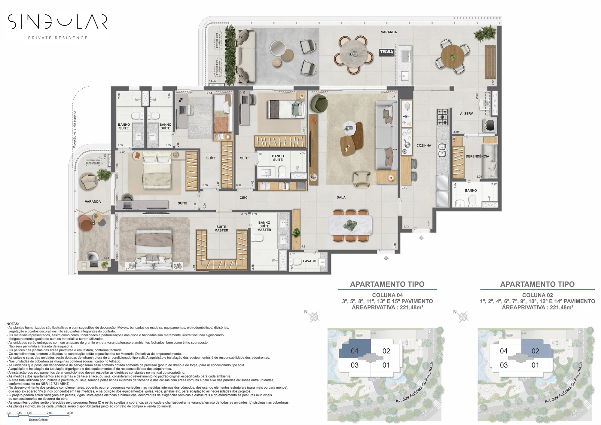 Planta humanizada: 4 suítes · 221 m² do Singular